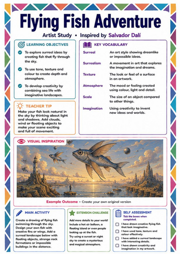 Flying Fish Adventure Drawing Worksheet | Salvador Dalí Surrealism KS3 Art