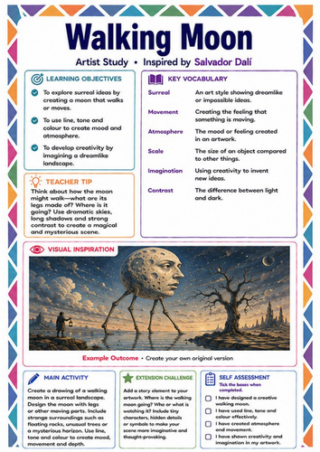 Walking Moon Surrealism Drawing Worksheet | Salvador Dalí KS3 Art Lesson