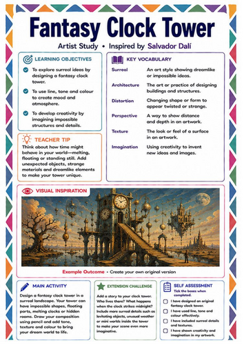 Fantasy Clock Tower Drawing Worksheet | Salvador Dalí Surrealism KS3 Art