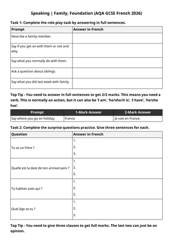 AQA GCSE 2026: Introductions Speaking Exam | Family (French Foundation)