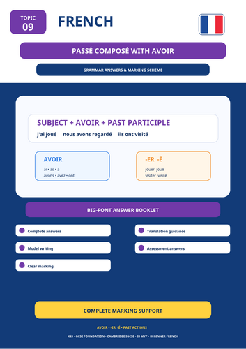 French Passé Composé with Avoir + Regular -ER Verbs | KS3 GCSE MYP IB Grammar Workbook + Answers