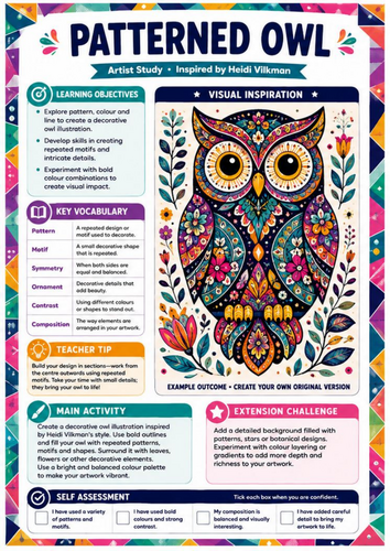 Heidi Vilkman Artist Study – Patterned Owl | KS3 Art Pattern & Colour Worksheet