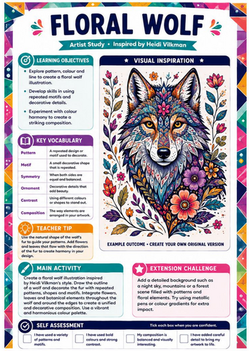 Heidi Vilkman Artist Study – Floral Wolf | KS3 Nature, Pattern & Animal Art Worksheet