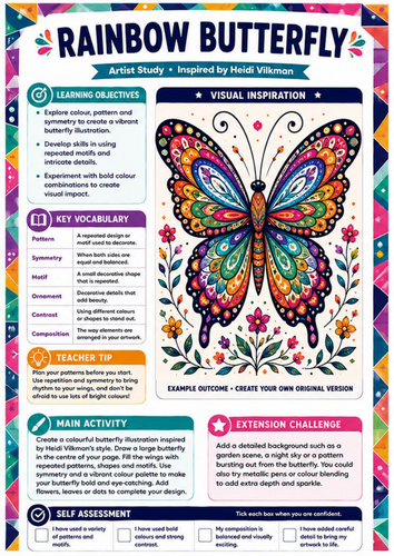 Heidi Vilkman Artist Study – Rainbow Butterfly | KS3 Symmetry, Pattern & Colour Worksheet