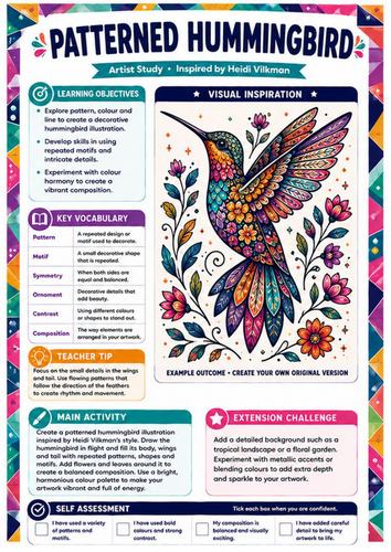 Heidi Vilkman Artist Study – Patterned Hummingbird | KS3 Colour & Nature Art Worksheet
