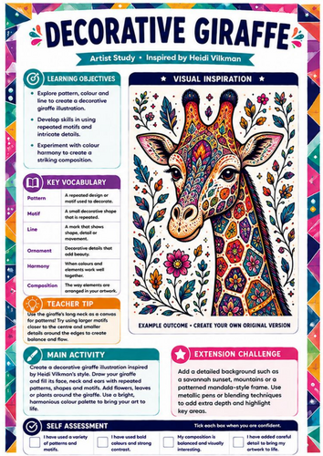 Heidi Vilkman Artist Study – Decorative Giraffe | KS3 Pattern & Animal Art Worksheet