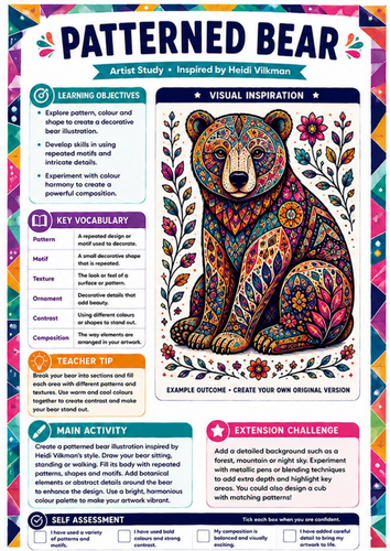 Heidi Vilkman Artist Study – Patterned Bear | KS3 Pattern, Colour & Animal Art Worksheet