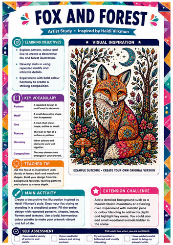 Heidi Vilkman Artist Study – Fox and Forest | KS3 Woodland Pattern & Colour Worksheet