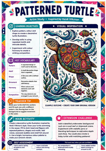 Heidi Vilkman Artist Study – Patterned Turtle | KS3 Ocean Pattern & Colour Art Worksheet