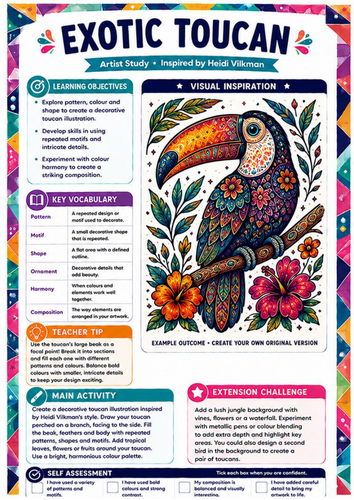 Heidi Vilkman Artist Study – Exotic Toucan | KS3 Tropical Pattern & Colour Worksheet