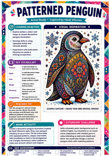 Heidi Vilkman Artist Study – Patterned Penguin | KS3 Pattern, Colour & Winter Art Worksheet