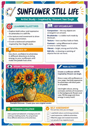 Vincent van Gogh Sunflowers Art Worksheet | Still Life KS3 Art Activity