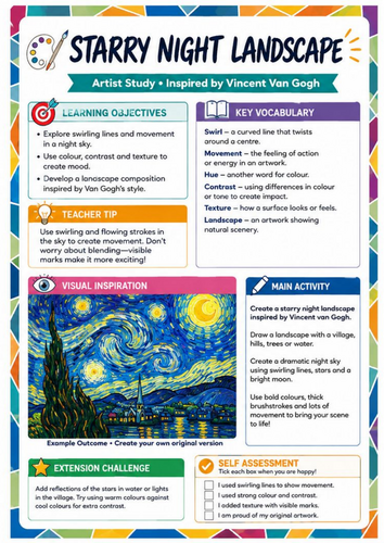 Vincent van Gogh Starry Night Worksheet | KS3 Landscape Art Activity