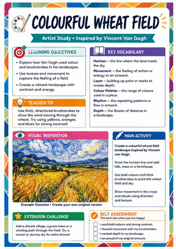 Vincent van Gogh Wheat Field Worksheet | KS3 Landscape Art & Colour Activity