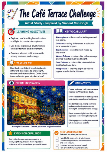 Vincent van Gogh Café Terrace Worksheet | Perspective & Colour KS3 Art