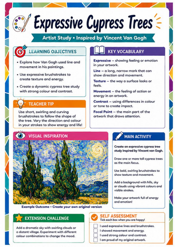Vincent van Gogh Cypress Trees Worksheet | Expressive Mark Making KS3 Art