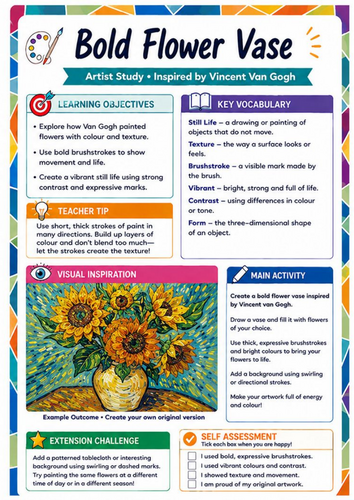Vincent van Gogh Flower Vase Worksheet | KS3 Still Life Art Activity