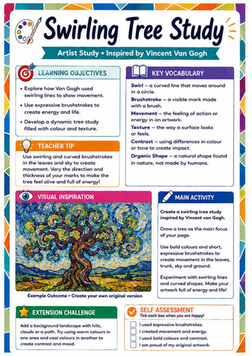 Vincent van Gogh Swirling Tree Worksheet | KS3 Mark Making Art Activity