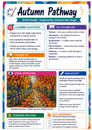 Vincent van Gogh Autumn Landscape Worksheet | KS3 Colour & Texture Art
