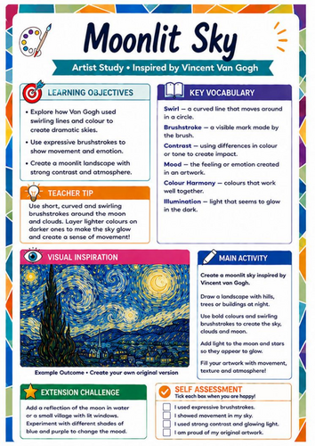Vincent van Gogh Moonlit Sky Worksheet | KS3 Night Landscape Art Activity