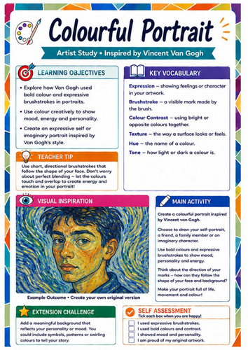 Vincent van Gogh Colourful Portrait Worksheet | Expressive Portrait KS3 Art