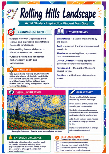 Vincent van Gogh Rolling Hills Landscape Worksheet | KS3 Art & Colour