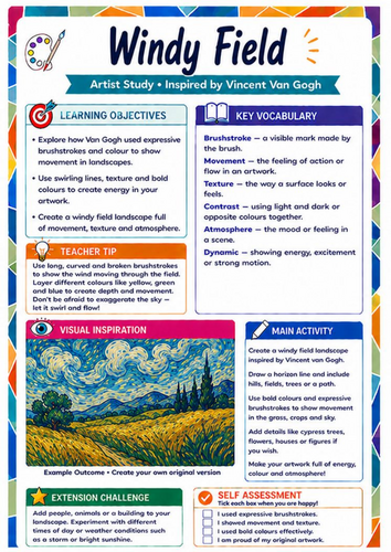 Vincent van Gogh Windy Field Worksheet | Movement & Texture KS3 Art
