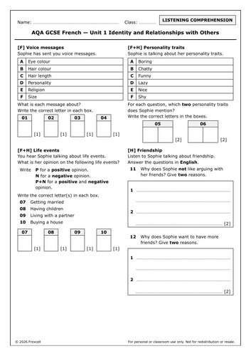 AQA GCSE French (2026) – Foundation & Higher Listening Comprehension Pack (Units 1-9)