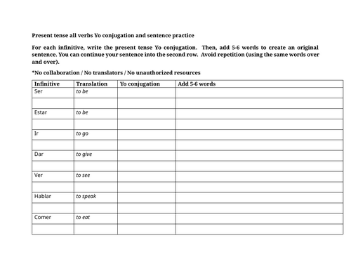 Present tense all verbs Yo conjugation and sentence practice