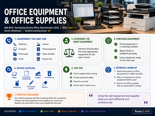 BTEC Level 1 Unit B13:  Developing routine office administration skills| 25 Page Student Workbook