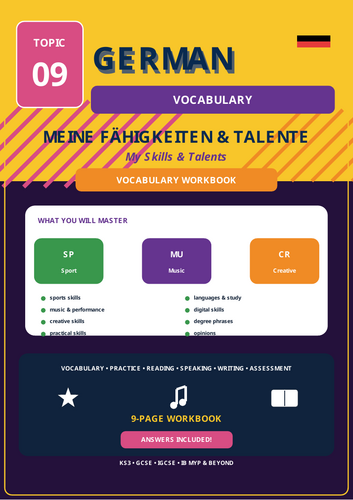 German Vocabulary | Meine Fähigkeiten und Talente | Skills & Talents | 9-Page Workbook + Answers
