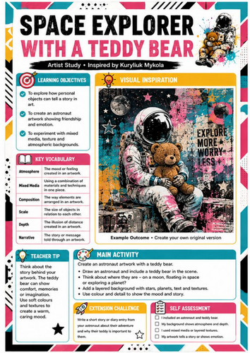 Space Explorer with a Teddy Bear Art Worksheet | KS3 Kuryliuk Mykola Artist Study