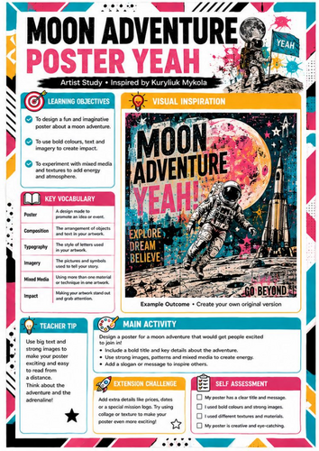 Moon Adventure Poster Art Worksheet | KS3 Poster Design | Kuryliuk Mykola Artist Study