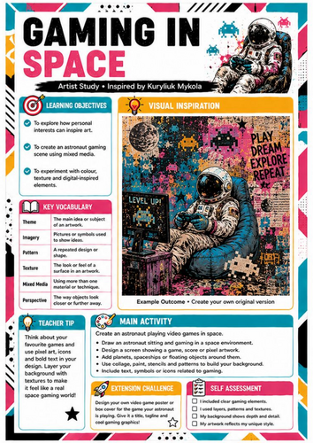 Gaming in Space Art Worksheet | KS3 Mixed Media | Kuryliuk Mykola Artist Study