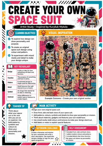 Design Your Own Space Suit Art Worksheet | KS3 Design | Kuryliuk Mykola Artist Study