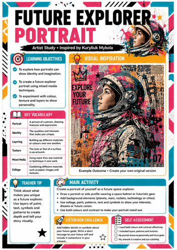 Future Explorer Portrait Art Worksheet | KS3 Portraiture | Kuryliuk Mykola Artist Study