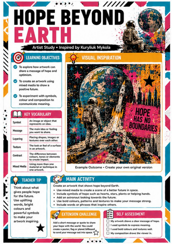 Hope Beyond Earth Art Worksheet | KS3 Message Art | Kuryliuk Mykola Artist Study
