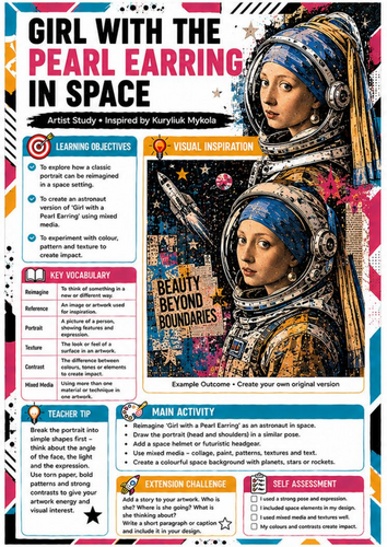Girl with the Pearl Earring in Space Art Worksheet | KS3 Artist Study & Mixed Media