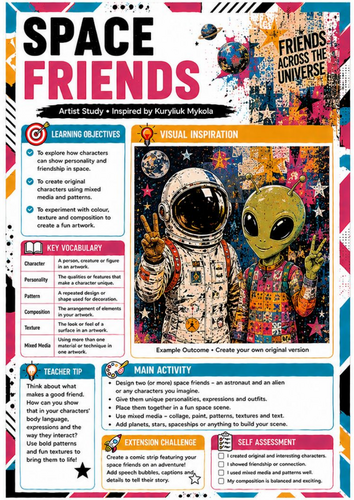Space Friends Art Worksheet | Astronaut & Alien KS3 Mixed Media | Kuryliuk Mykola