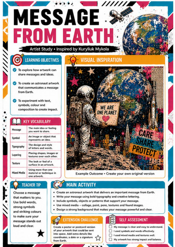 Message from Earth Art Worksheet | KS3 Typography & Mixed Media | Kuryliuk Mykola