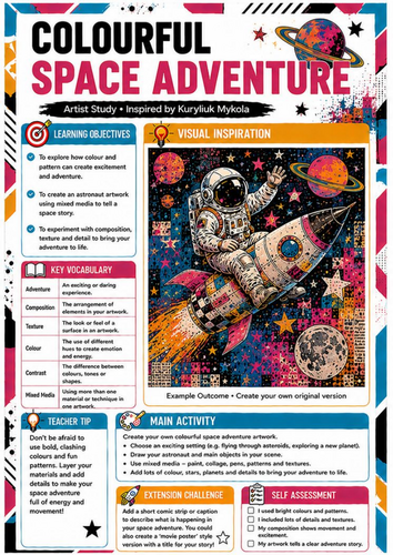 Colourful Space Adventure Art Worksheet | KS3 Colour & Mixed Media | Kuryliuk Mykola