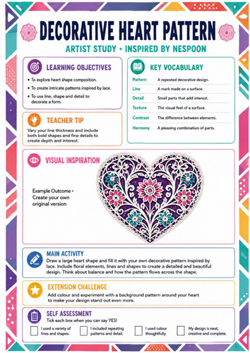 NeSpoon Inspired Decorative Heart Pattern Worksheet | Lace & Pattern | KS3 Art