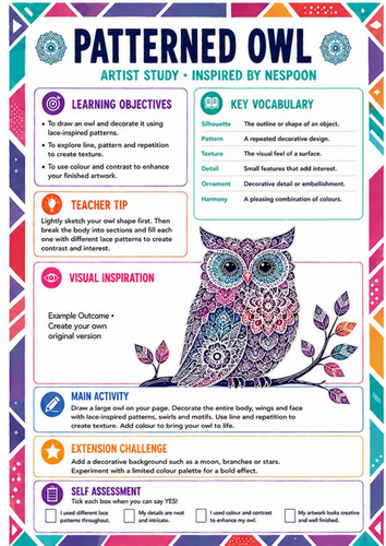 NeSpoon Inspired Patterned Owl Worksheet | Decorative Animal Art | KS3