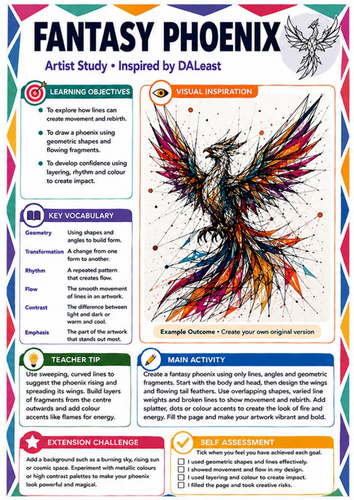 DALeast Inspired Fantasy Phoenix Art Worksheet | Line, Shape & Movement | KS3 Art