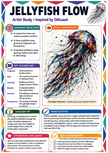 DALeast Inspired Jellyfish Flow Art Worksheet | Expressive Line & Movement | KS3