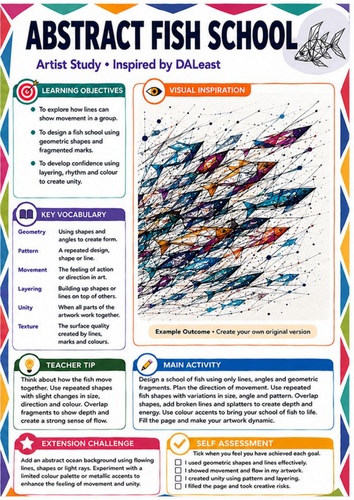 DALeast Inspired Abstract Fish School Worksheet | Movement & Composition | KS3 Art