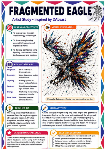 DALeast Inspired Fragmented Eagle Art Worksheet | Geometric Animal Drawing | KS3