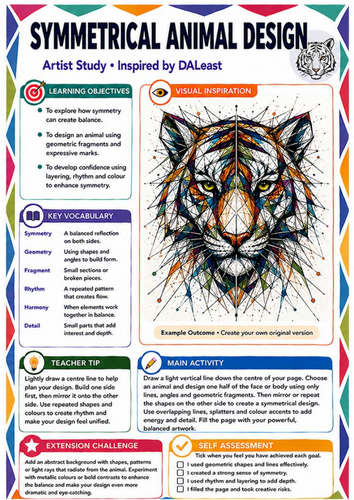 DALeast Inspired Symmetrical Animal Design Worksheet | Symmetry & Line | KS3