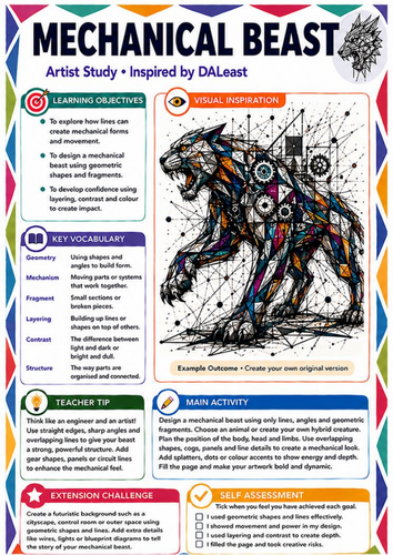 DALeast Inspired Mechanical Beast Art Worksheet | Animal & Machine Design | KS3