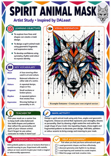 DALeast Inspired Spirit Animal Mask Worksheet | Symmetry & Geometric Design | KS3